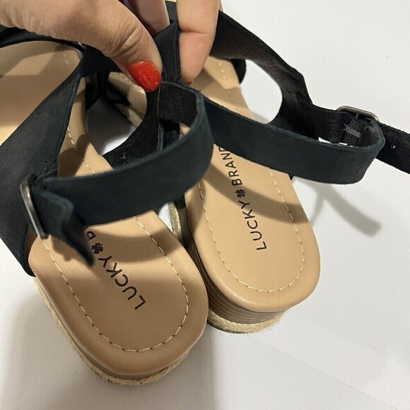 LUCKY BRAND WAEKA WEDGE SANDAL BLACK STRAPY LEATHER WOMEN’S SANDALS SIZE 8 M - Picture 8 of 12